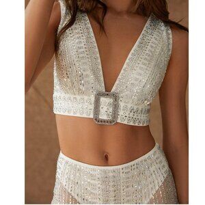 NWT 12th Tribe Violet White Rhinestone Crop Top Size Small